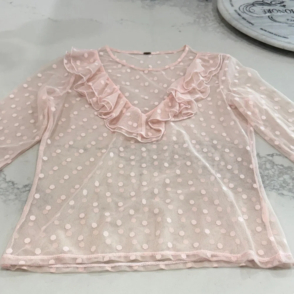 Sheer Pink Polka Dot Ruffle Blouse from Free People - Picture 5 of 7